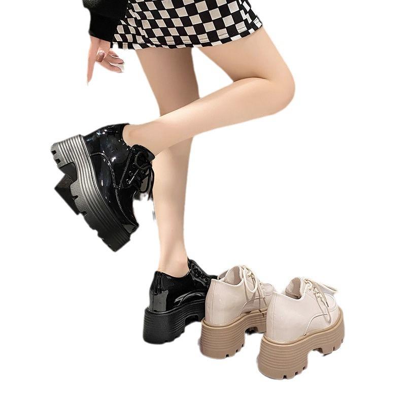Inner Height Increase Small Leather Shoes Women's British Style Autumn New Platform Muffin Shoes Wedge Heel High Heel Single Shoes