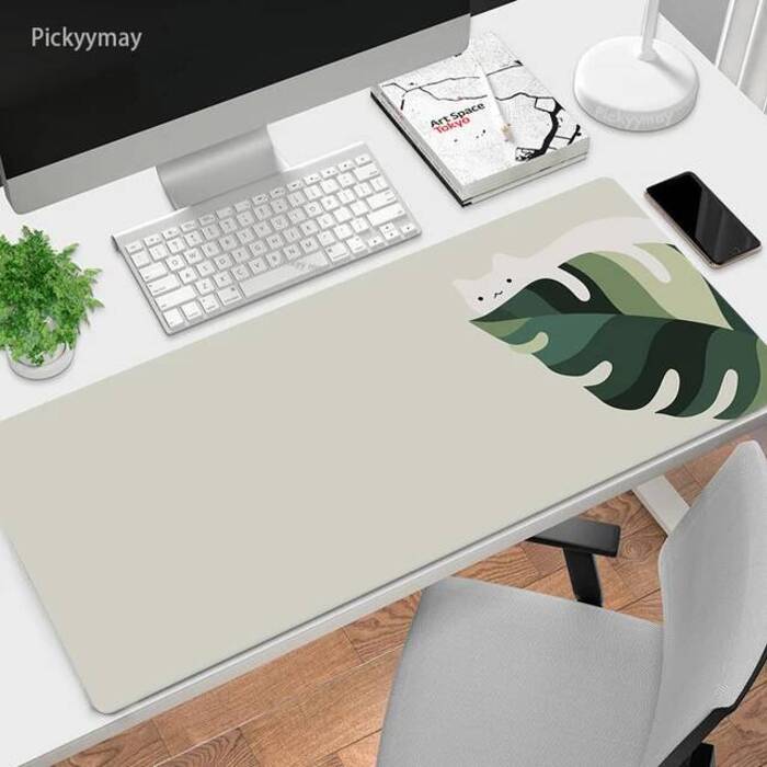Large Mouse Mat Green Leaves Cat Mousepad Big Cute Mousepads X Office Rubber Keyboard Mats Desk Pad Overlock Mouse Pads