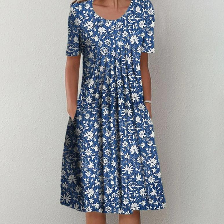 

Spring and Summer Floral Print Crew Neck Pullover Medium and Long Dress Women s Clothing 3XL