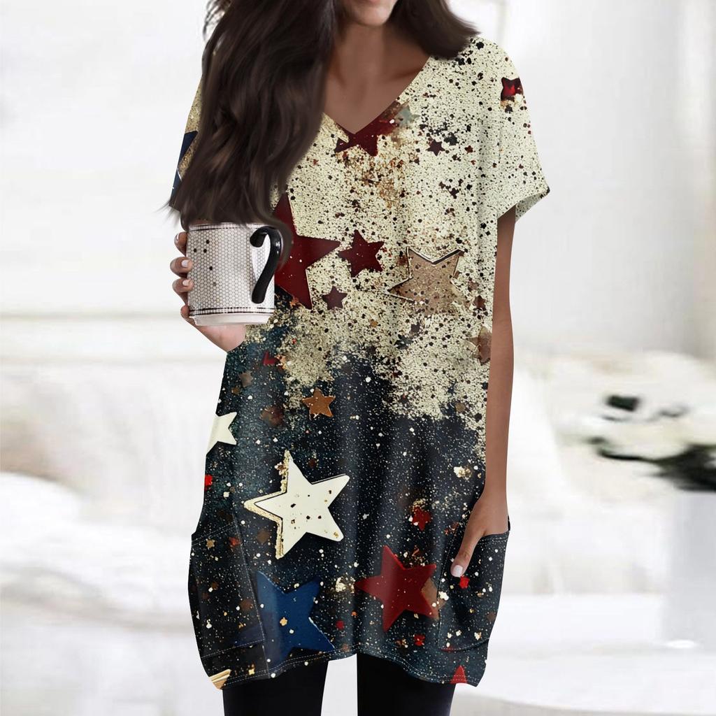 Damen Oberteile V-Ausschnitt Kurzarm Blusen Lässige Mittellange Hemden Mode Unabhängigkeitstag Print Tunika Tops mit Taschen