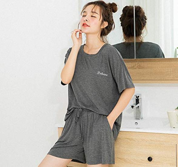 Oberteil und Hose Kurz Zimmer Bequem Crew Taille Kurze Ärmel Shorts [Mskikefly] Pyjama, Set, Ärmel, Kleidung, Damen, Loungewear, Nachtwäsche,