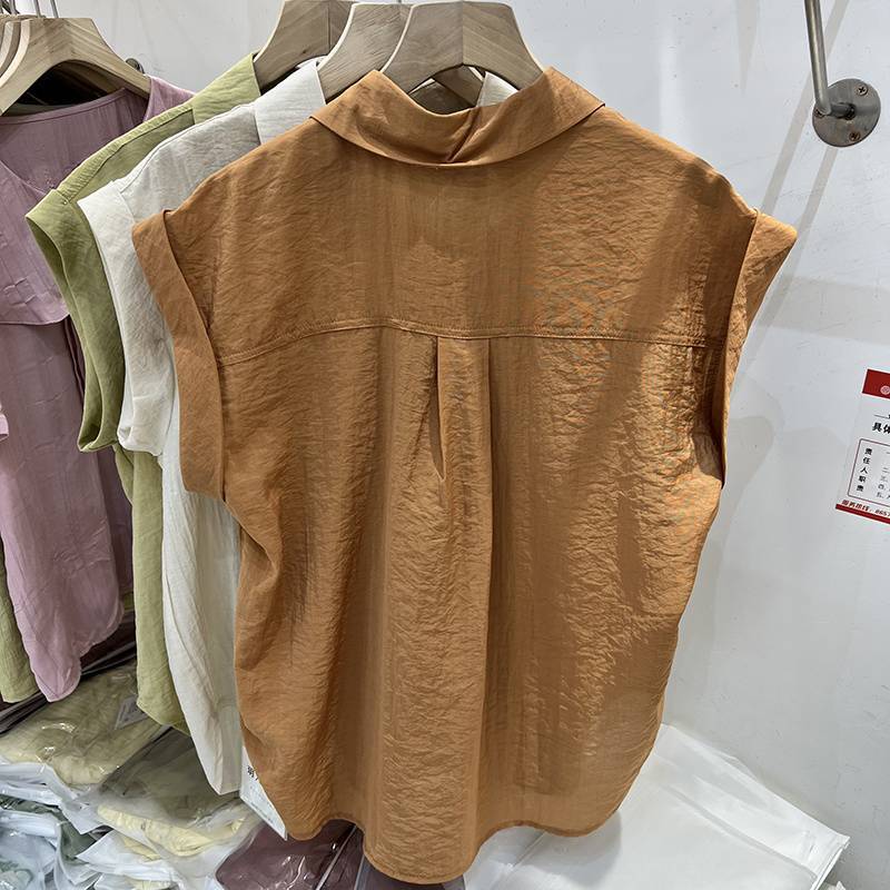 Summer Double Pocket Sleeveless Thin Shirts Loose Solid Color Pure Cotton Women's Blouses & Shirt