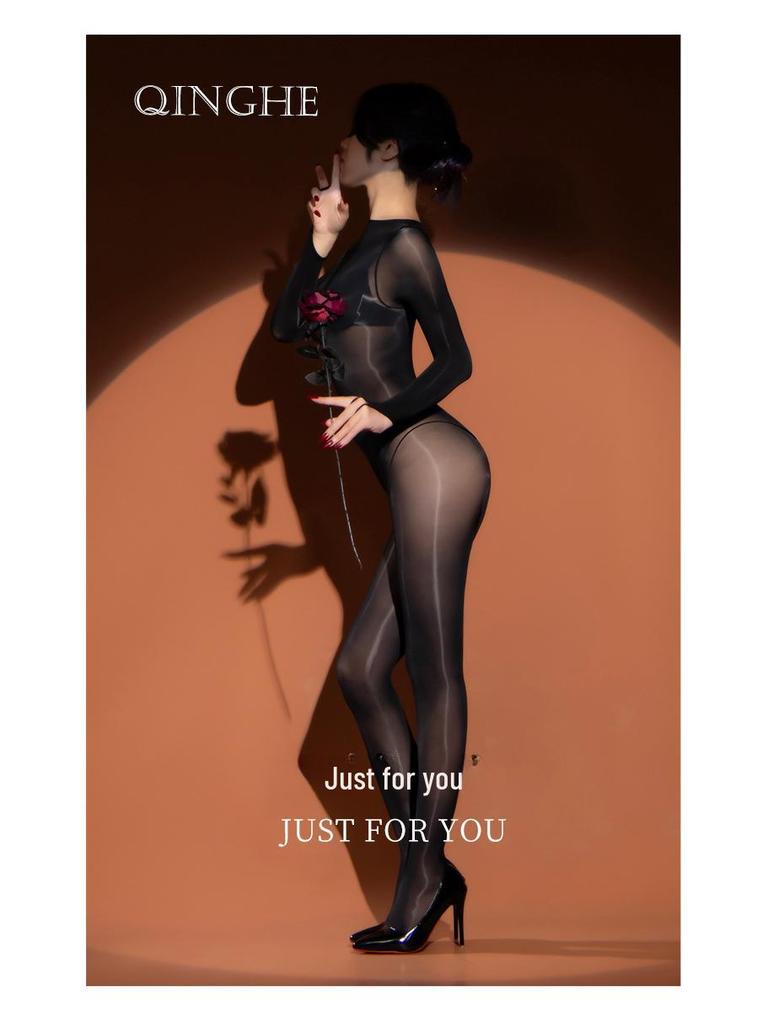 New Arrival: Sexy Seamless Oily One-Piece Stockings - Thin Style, Full Body with Open Crotch & Five-Finger Design