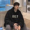 1977 American Fashion Men's Oversized Hooded Sweatshirt - Spring/Autumn, Heavy Velvet, High Street Couple Style.