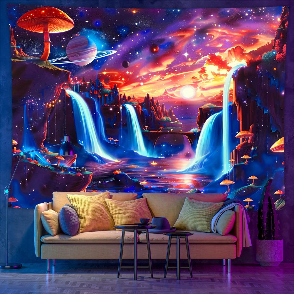 UV Reactive UFO Tapestry Psychedelic Alien Space 2D Flat Printed Peach Skin Wall Hanging Bedroom Aesthetic Gamer Room Decor