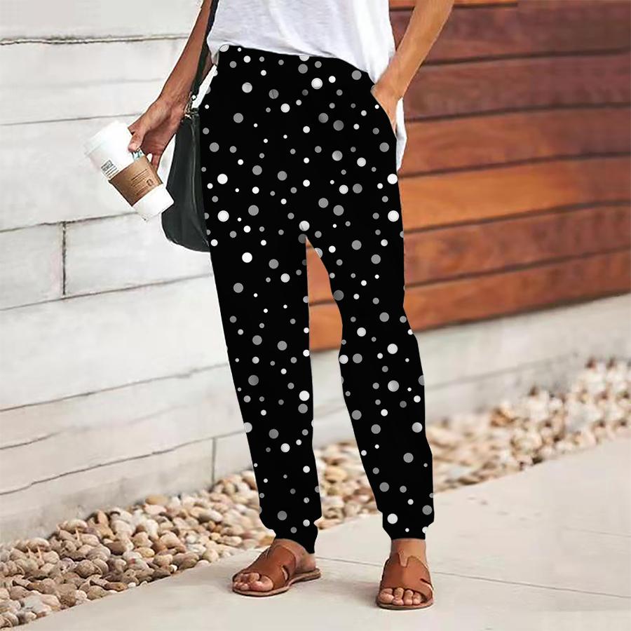 Women Polka Dot Printing Pants Lace Up Elastic Waist Loose  Trousers Casual Long Pants Trousers with Pockets