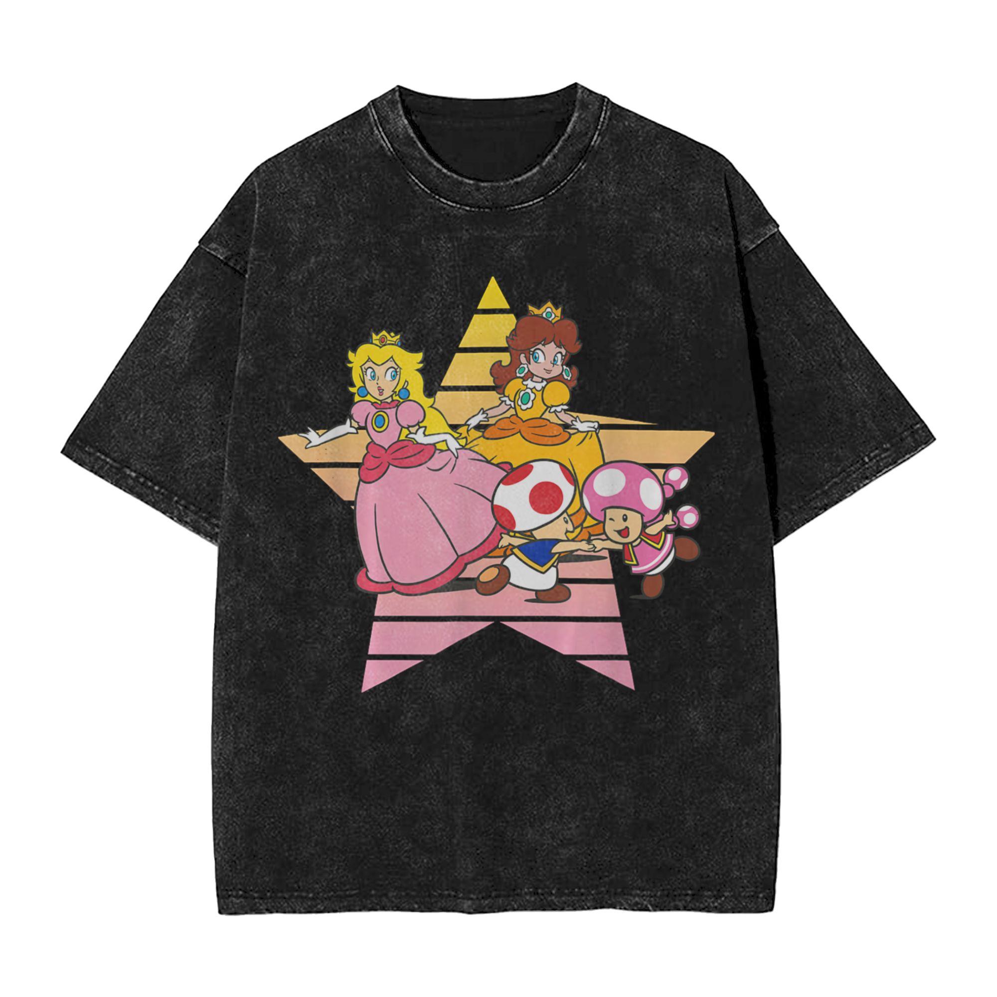 

Super Marios Bros Princess Peach Daisy Star Duo T Shirt Hip Hop Washed Harajuku TShirts Vintage Unisex Streetwear Tee Shirt S