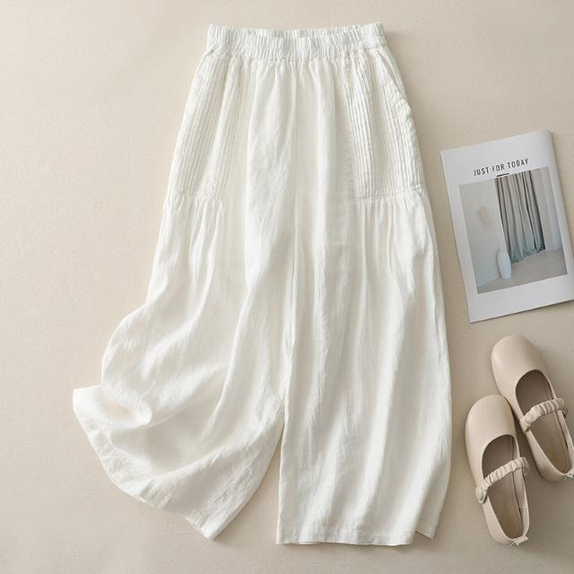 Women's Retro Pleated Cotton & Linen Wide-Leg Skirt Pants - High-Waisted Simple Solid Color