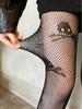 Women'S Black Fishnet Pantyhose With Skull & Crossbones Print, High-Stretch Skin-Hugging Hosiery For Gothic Punk Streetwear