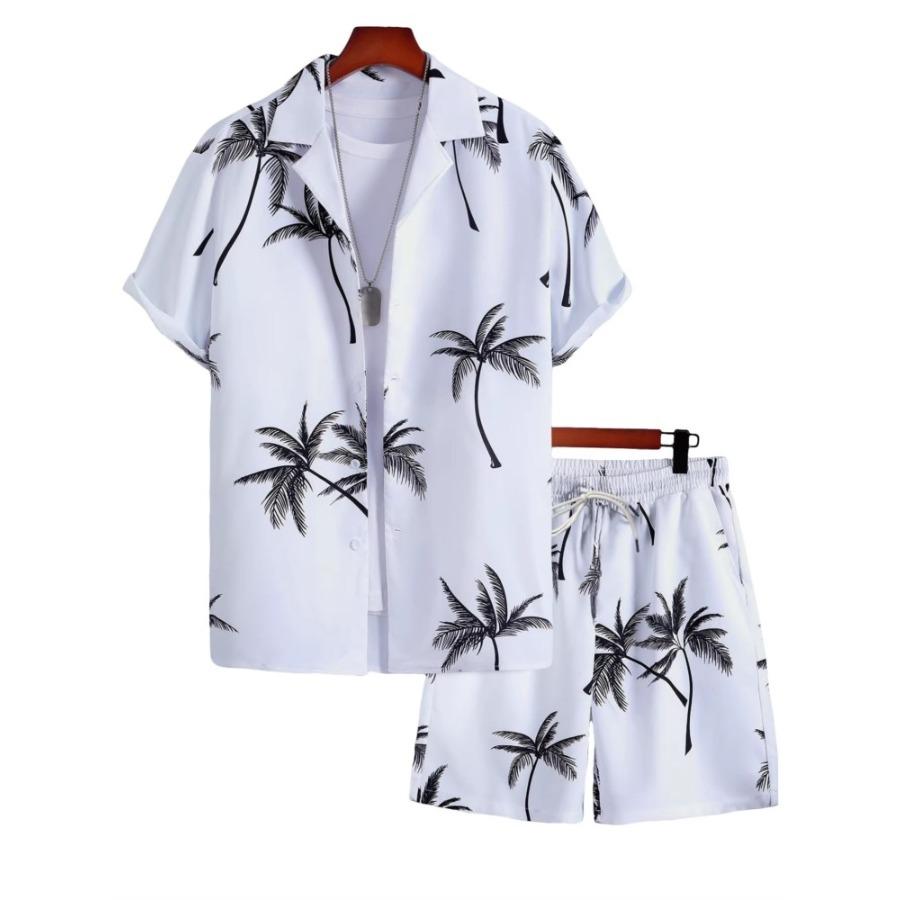 Men's Short Sleeve Shirt Set Blue Ocean Palm Tree Printed Shirt Hawaiian Beach Shirt Set
