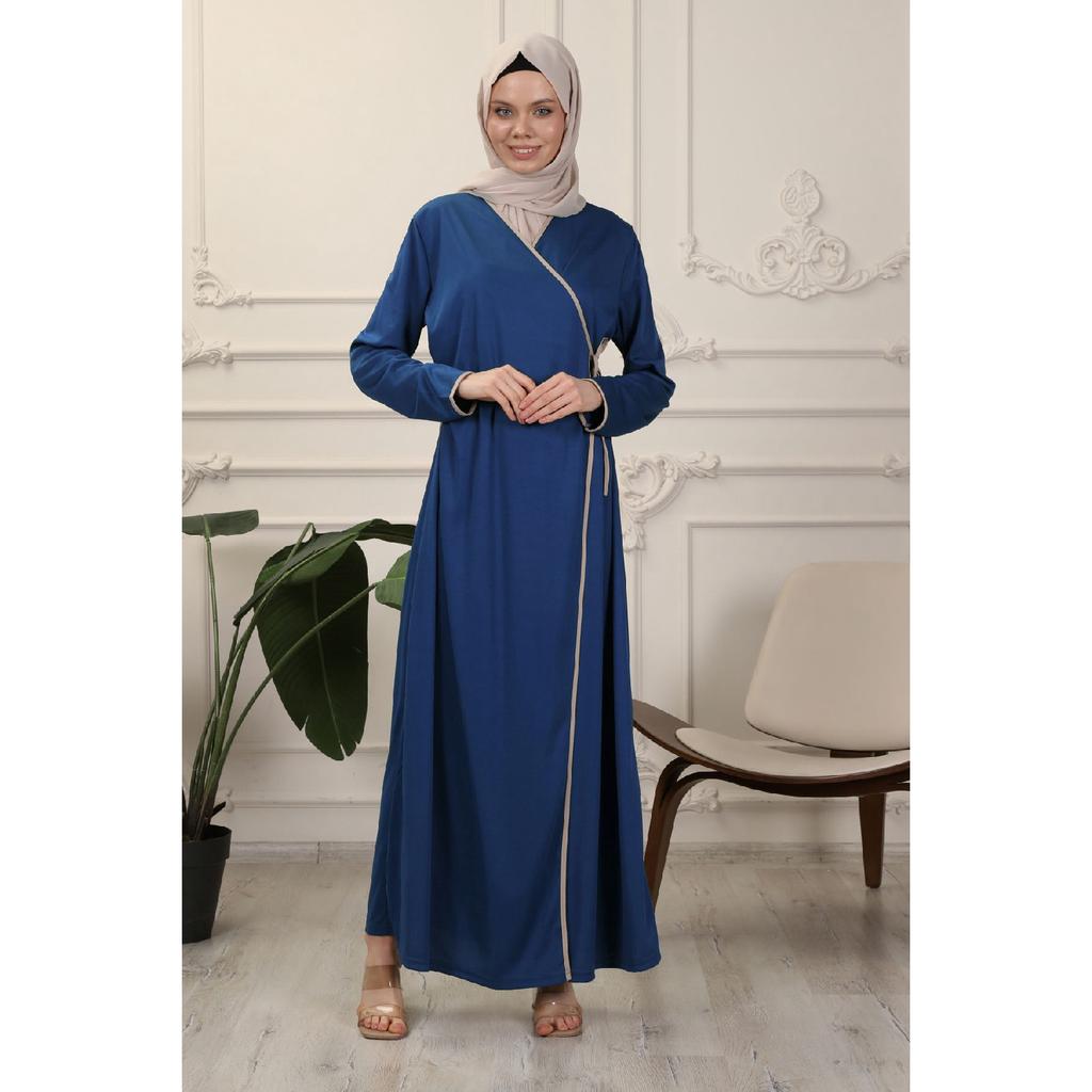 Black Double Breasted Neck Piping Flexible Interlock Fabric Prayer Dress