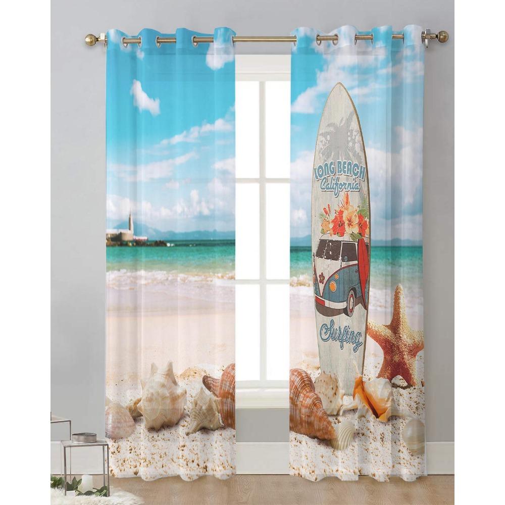 Surfboard Beach Starfish Shell Sheer Curtains for Living Room Decoration Window Curtains Kitchen Tulle Voile Organza Curtains