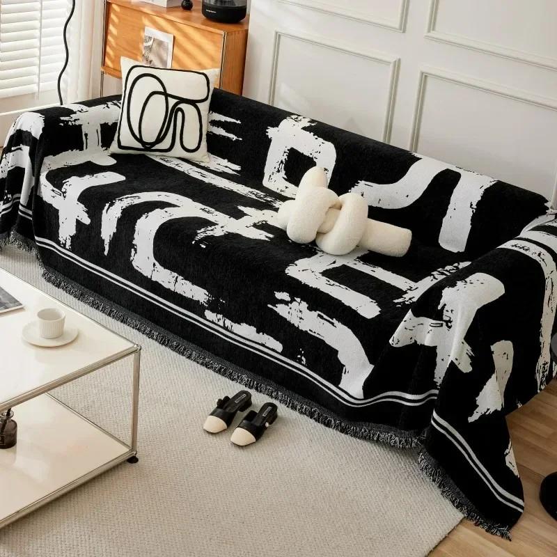Line Art Chenille Sofa Cover Morden Style Universal Couch Towel for Living Room Soft Short Plush Orange Throw Blanket Slipcovers