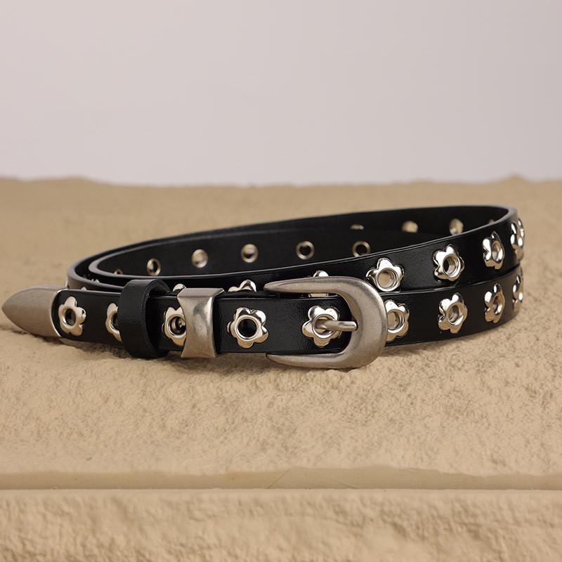 Unique Womens Genuine Leather Belt With Punk Flower Pattern And Pin Buckle For Street Style Black