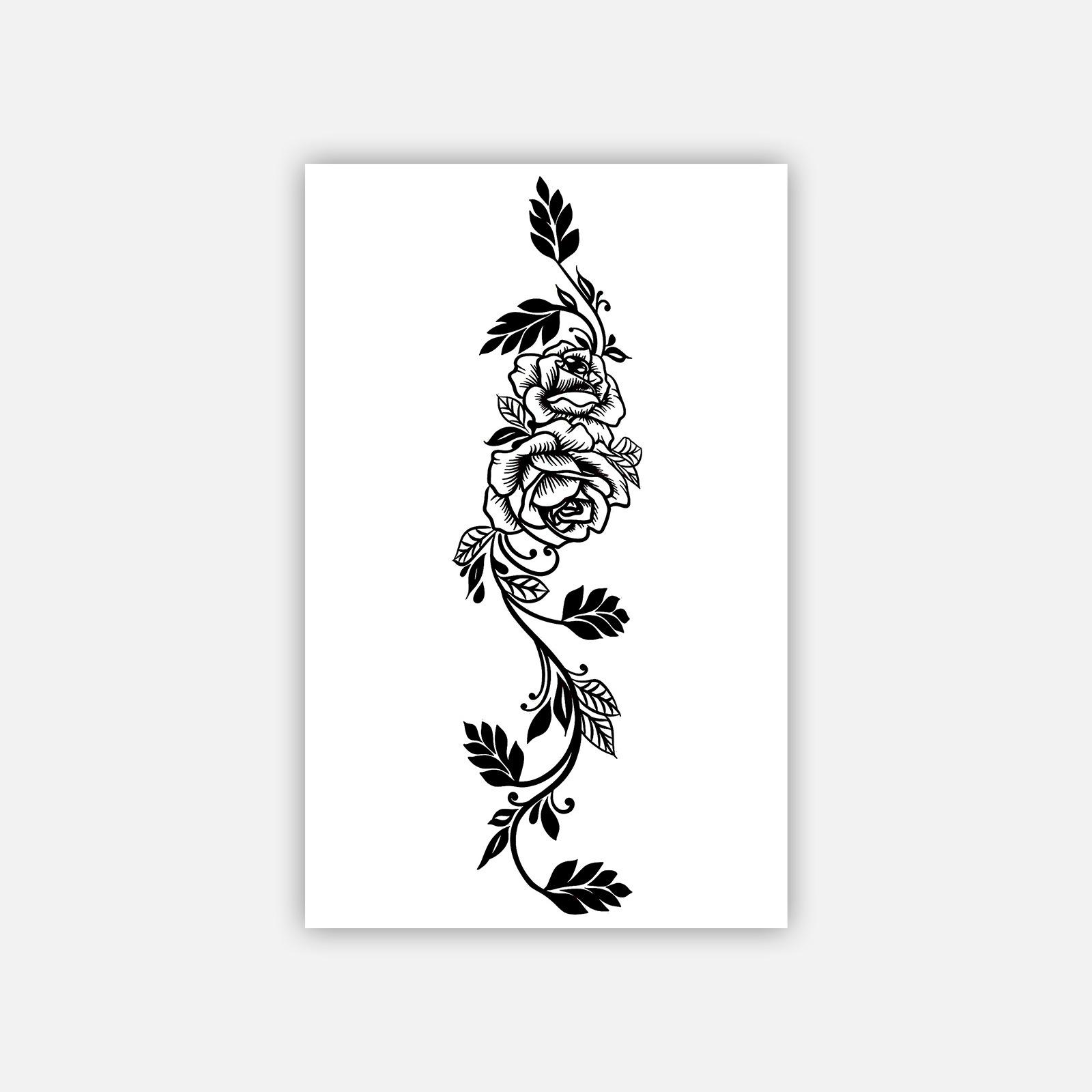 

Black And White Vertical Rose Vine Tattoo Sticker Waterproof And Long-Lasting High-End Retro Flower Arm Waist Tattoo Sticker 12*19CM
