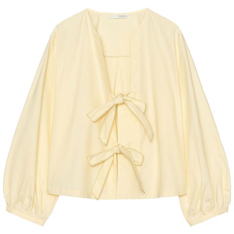 Zaprha 2025 New Arrival French Fashionable Bow Decorated Poplin Long Sleeves Round Neck Loose Shirt Female 0387074