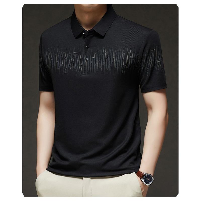 Men's Ice Silk Polo Shirt Short Sleeve Geometric Pattern Breathable Collared Top for Daily