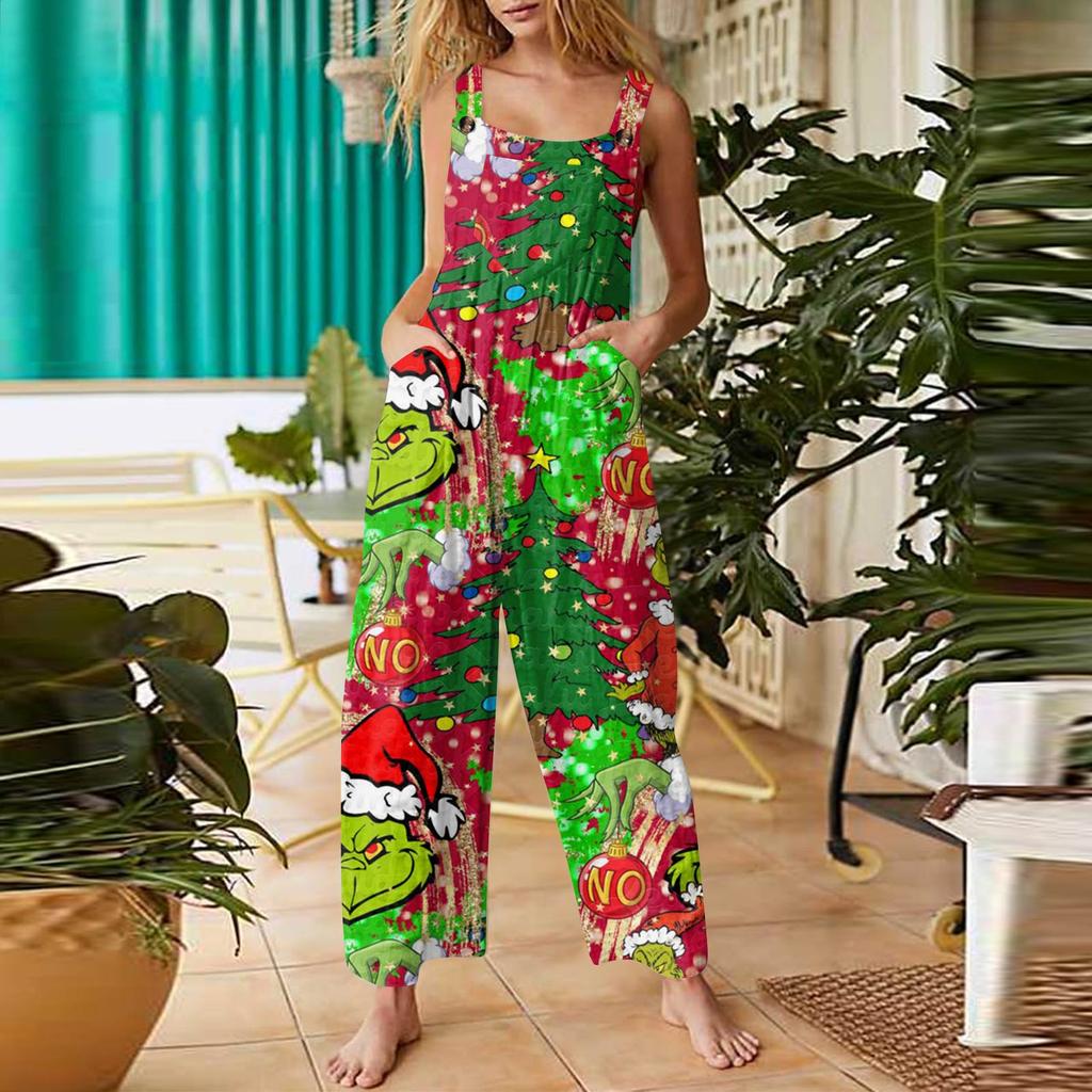 Women's Fashion Christmas  Print Casual Retro Sleeveless Button Jumpsuit
