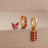 3PCS Unique Stainless Steel Earrings Set for Women Rose Red Crystal Zircon Huggie Hoop Earring Wedding Romantic Jewelry