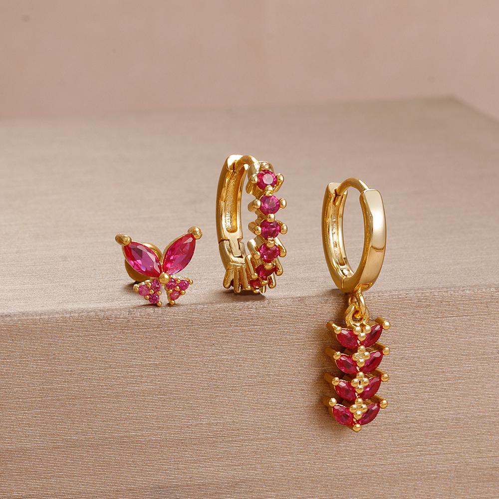 3PCS Unique Stainless Steel Earrings Set for Women Rose Red Crystal Zircon Huggie Hoop Earring Wedding Romantic Jewelry