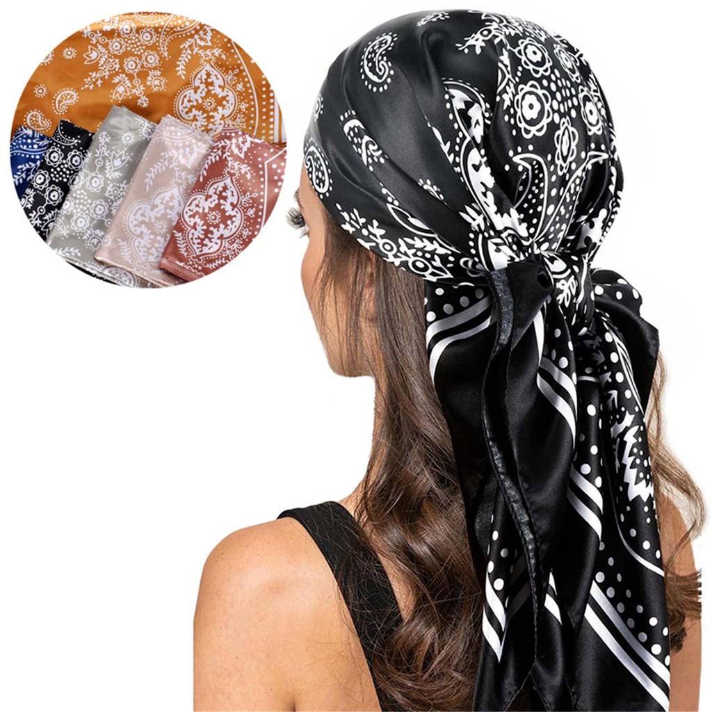 Damen-Satin-Quadrat-Seiden-ähnliche Haarschals, Wickel-Kopftuch zum Schlafen, 90 cm, quadratischer Seidenschal, Handblumen-Turban-Schal