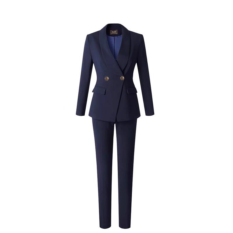 Navy Blue Shawl Collar Women's Slim Fit Business Suit Trousers for Spring and Autumn
