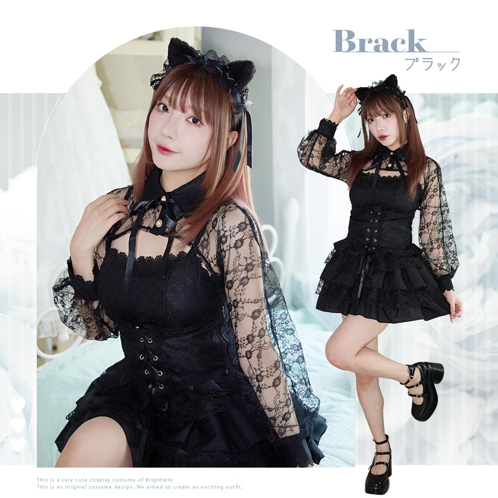 Brightlara Halloween Cosplay Cat White Black Costume, Cat, Cat, Women's, cos074-BK-L