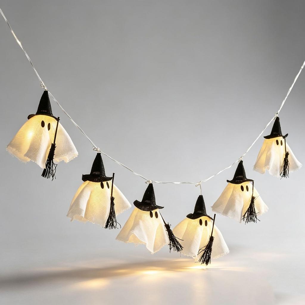 Halloween Ghost String Lights LED Witch Hat Fairy Light Battery Operated Hanging Garland Spooky Home Holiday Party Decor