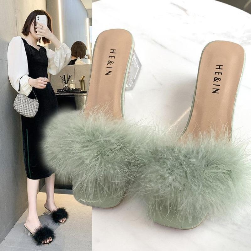Fashion Fur Feather Lady Fashion Wedding Slip-On Pink Women Sandals 2025 Fluffy Peep Toe Sexy High Heels Women Square Toe Shoes Footwear