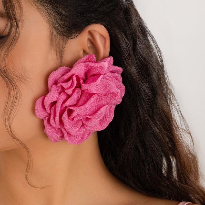Exaggerated Big Rose Flower Earrings for Women Vintage Elegant Fabric Florals Ear Stud Earring Summer Holiday Beach Jewelry