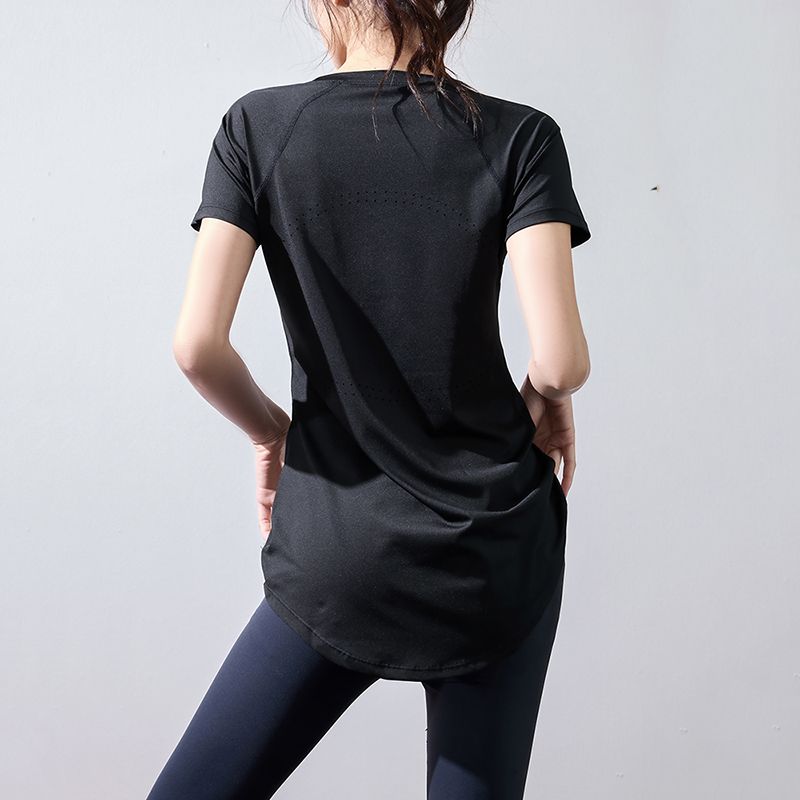 

Свободная футболка спортивная с коротким рукавом женская летняя быстросохнущая одежда одежда для тренировок бега йоги больших размеров футболка прикрывающая бедра смущающая линия YY186 Black 2XL
