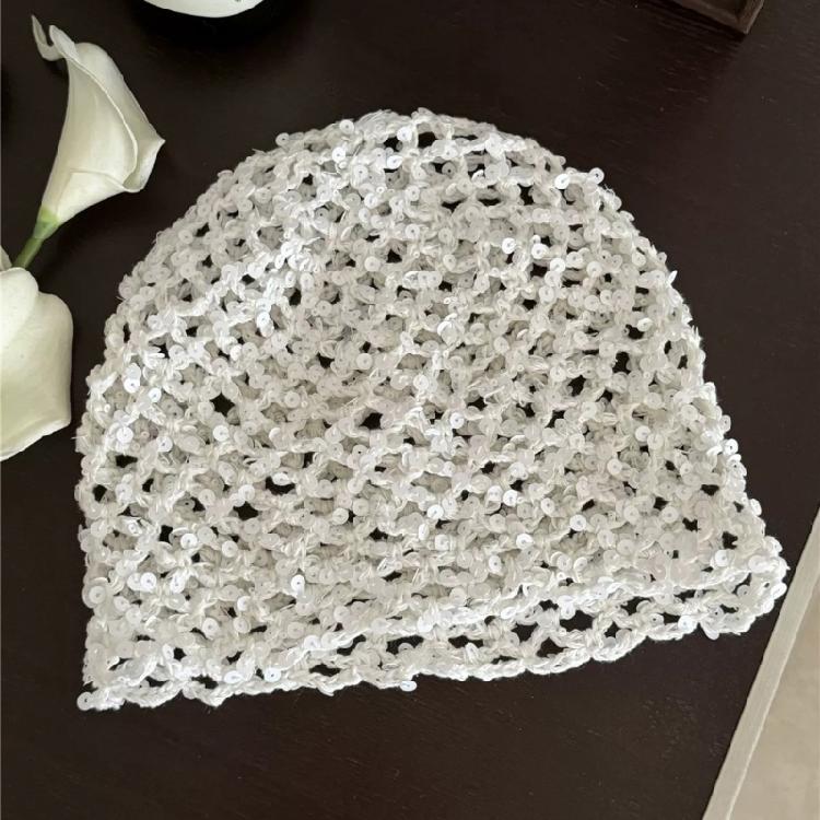 Reflective Sequined Hat Stackable Design Comfortable Pullover Hollowout Hat For Women Daily and Evening Party Photo Wear