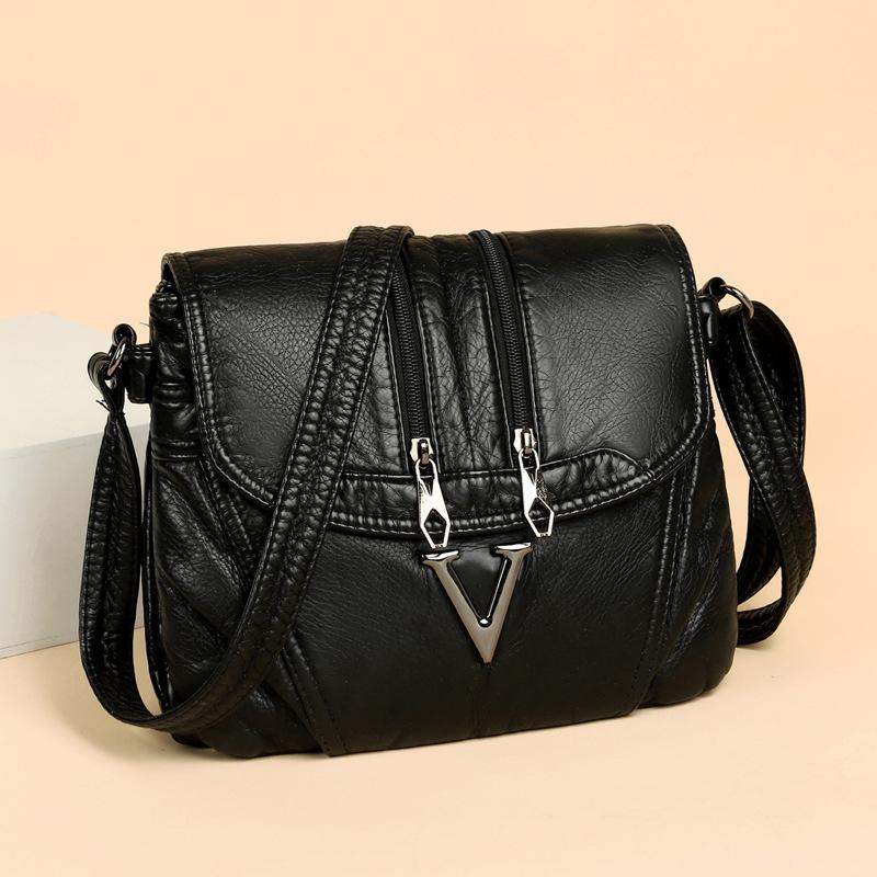 Elegant PU Leather Crossbody Bag for Women – Vintage-Style Design with Dual Zip Closure and Metal V Logo, Perfect for Daily Wear