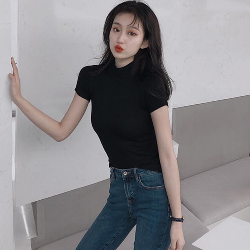 Women's Solid Half Turtleneck Slim Short Sleeve Knitted T-Shirt