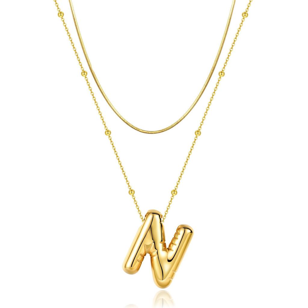 14K Double Round Snake Bone Chain Bead Chain Biscuit Balloon Letter Neck Chain Bubble Letter Foam Letter Necklace