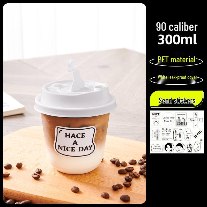 Transparent Disposable Coffee Cup with Lid, 90 Caliber, American Style for Cold Drinks, Milk Tea, Chubby Takeaway Cup