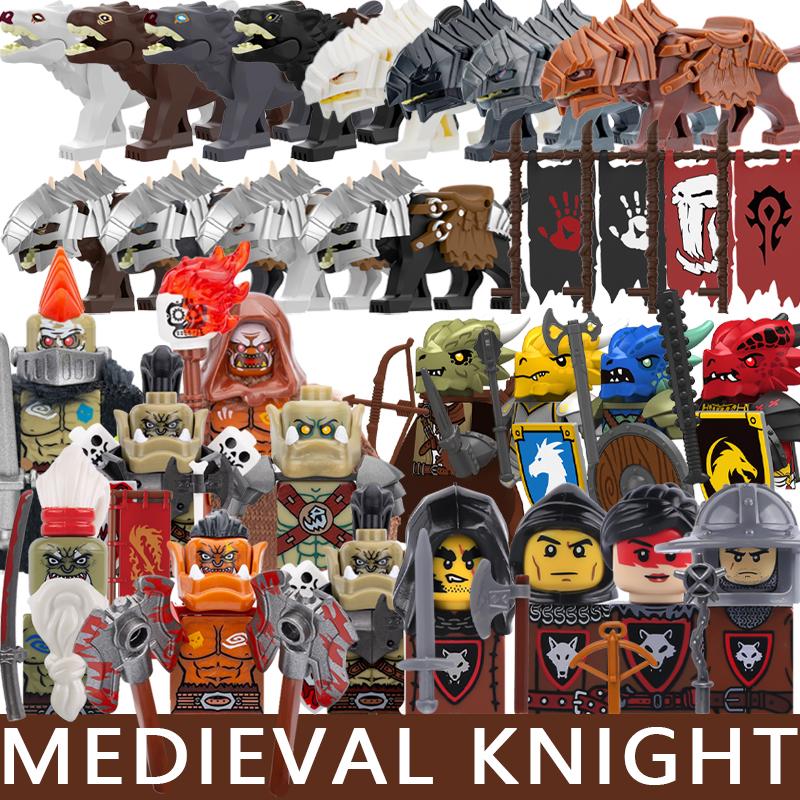 Medieval Castle Soldier Figures Building Blocks Knight Orc Warrior Dragon Wolf Animals Battle Flags Accessories Bricks Toys Boys