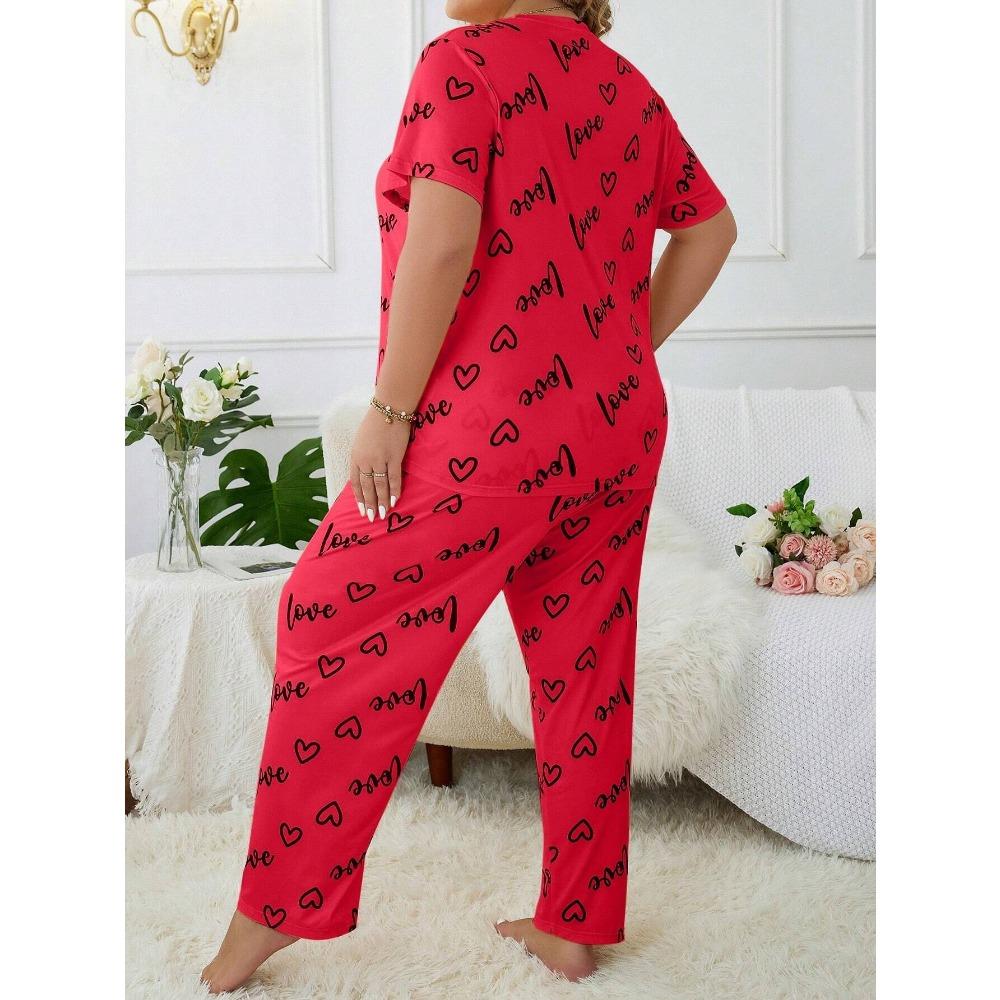 Plus Size 3XL 4XL 5XL Sleepwear Heart Letters Print 2 PCS Pajama Set Women's Casual Short-Sleeve Top and Pants Loungewear
