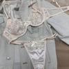 Set de lenjerie de corp sexy pentru femei, franțuzesc, ultra subțire, respirabil, din dantelă, broderie, cu strasuri de lux, set de sutien și tanga