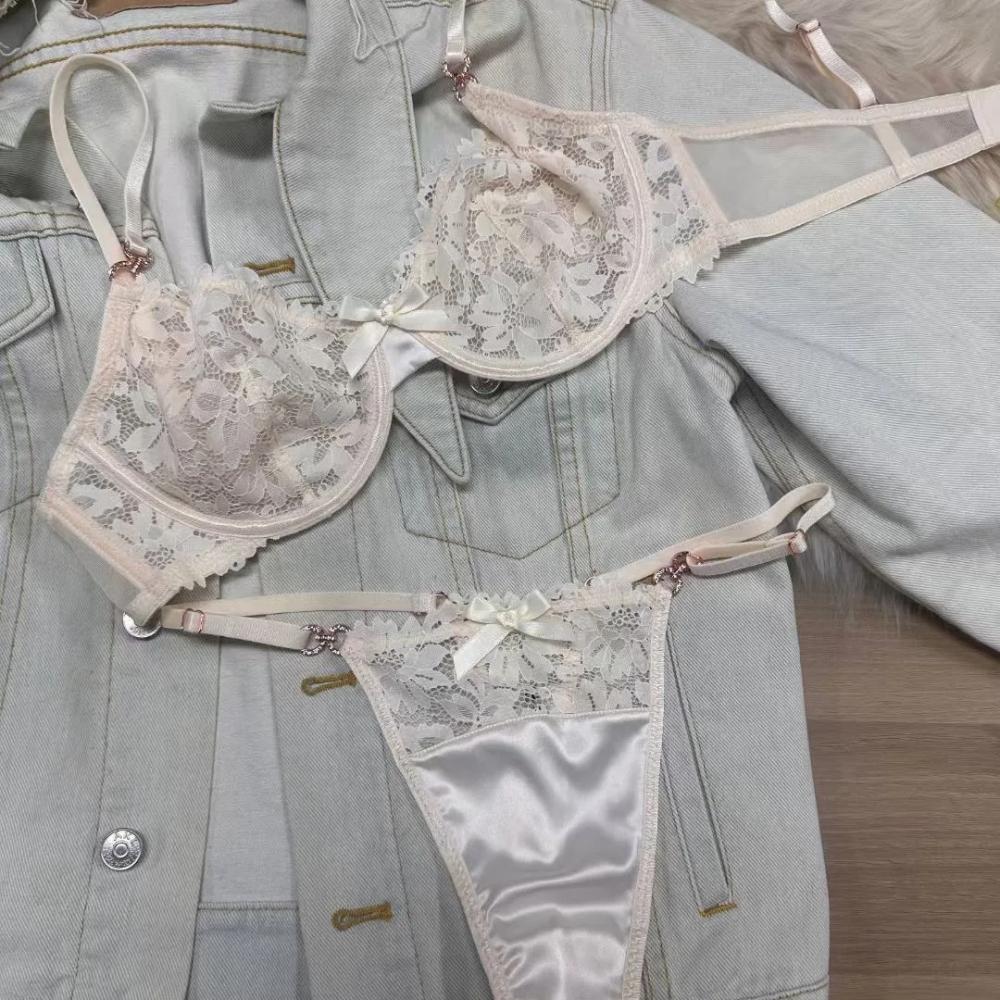 Set de lenjerie de corp sexy pentru femei, franțuzesc, ultra subțire, respirabil, din dantelă, broderie, cu strasuri de lux, set de sutien și tanga
