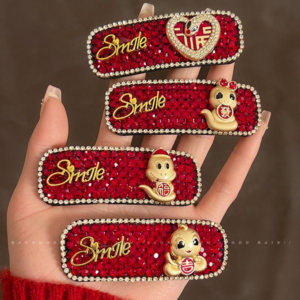 New Year Headwear Red Rhinestone Hairpin Animal Zodiac Dragon Hair Clip Creative   Daily