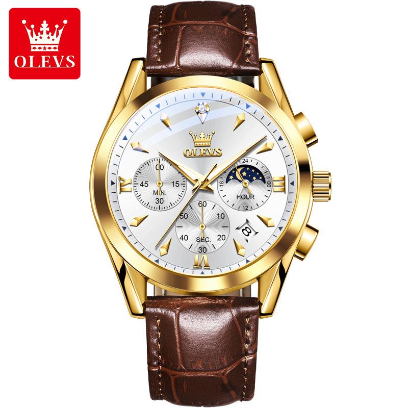 OLEVS Original Moon Phase Chronograph Man Watch Leather Strap Waterproof Luminous Luxury Brand Quartz Wrist Watches for Men