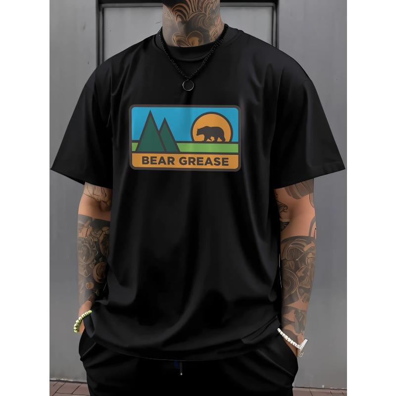 

Men s Trendy Loose Round Neck T-Shirt, Casual Daily Short Sleeve Tee, Bear Grease Print Shirt, As a Gift S чёрный