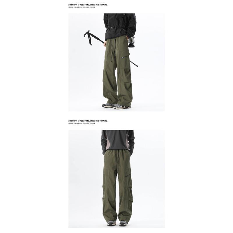 Men Vintage Crinkled Loose Outdoor Functional Hiking Cargo Paratrooper Pants