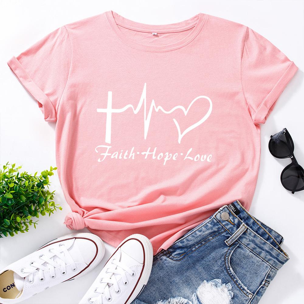Faith Creative Alphabet Cotton T-Shirt Short Sleeve Round Neck Women 2d Print Tops