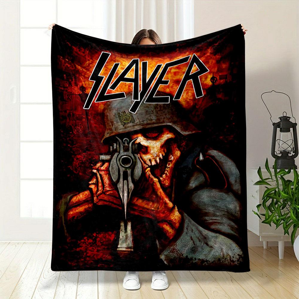 A skeletal soldier aiming a rifle in a fiery, dark apocalyptic backdrop. for all seasons blanket lunch break throw gift