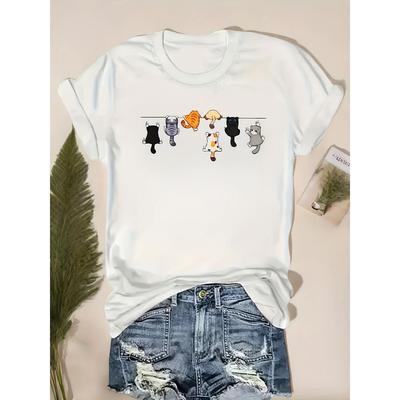 T-shirt da donna a maniche corte con adorabile stampa di gatto, tessuto morbido, girocollo, stile casual per abbigliamento casual, maglietta in tessuto morbido, maglietta gatto