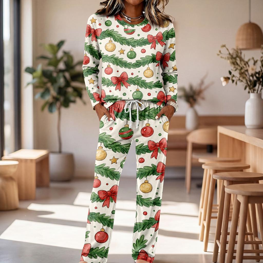 Women's Casual Pajama Set with Round Neck Long Sleeve and Wide Leg Pants for Sleep