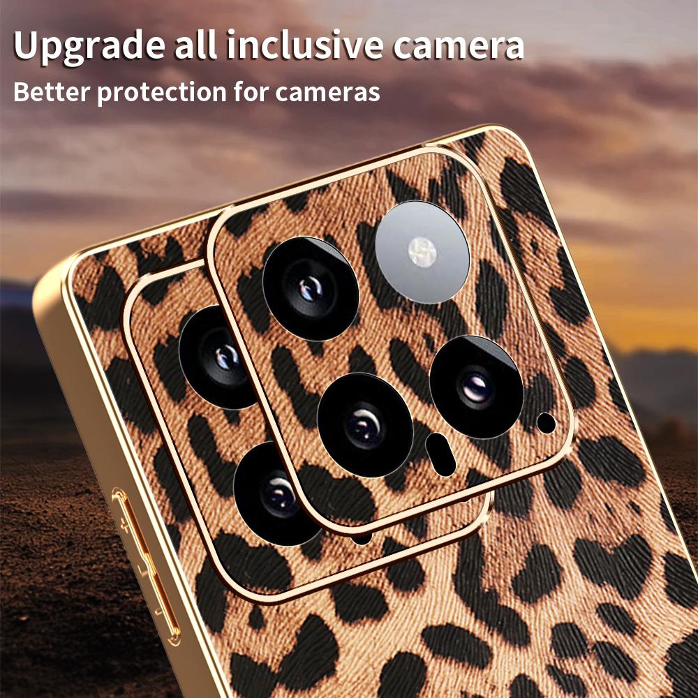 For Xiaomi 14 Case Leopard Print PU Leather Coated PC+TPU Electroplating Phone Cover