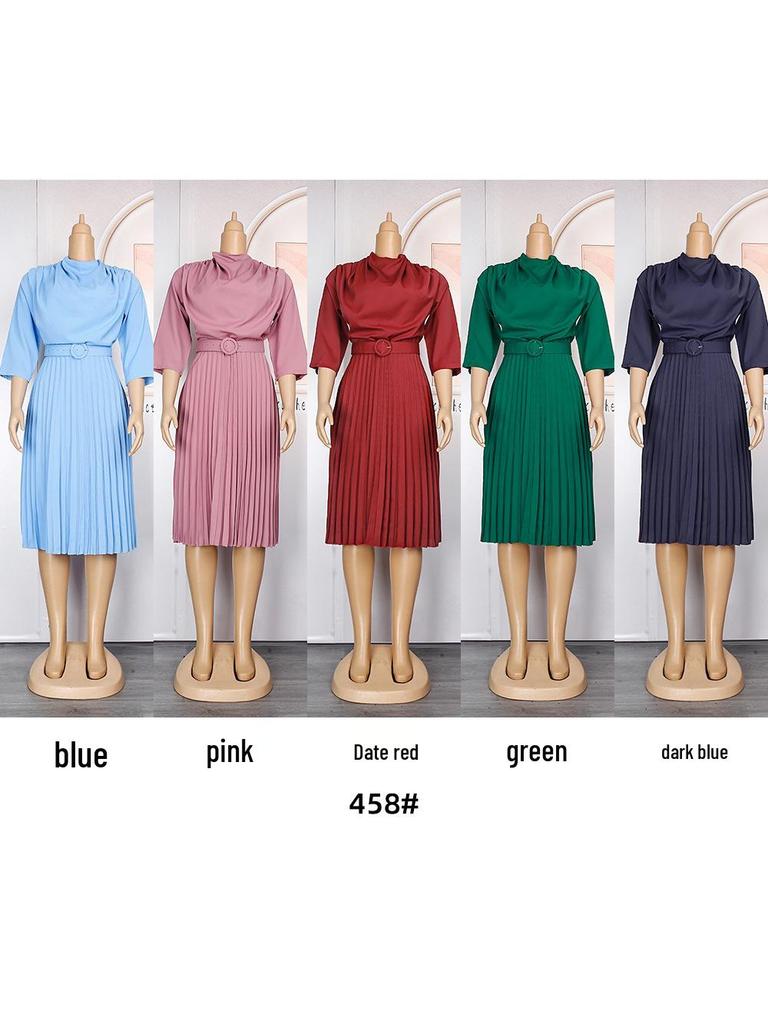 2023 Women's African Plus Size Solid Color Mid-length OL Commute Dress